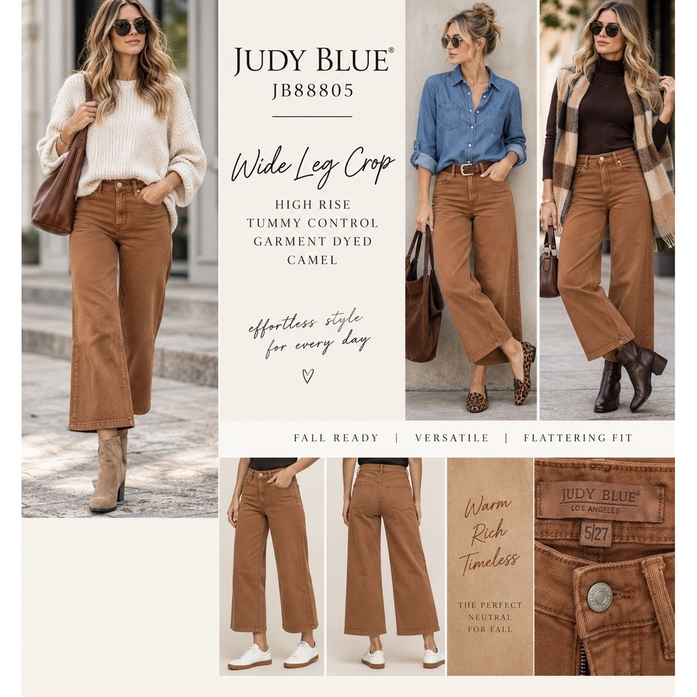 Judy Blue JB88805 Camel Brown Tummy Control High Rise Wide Leg Crop Jeans 5/27